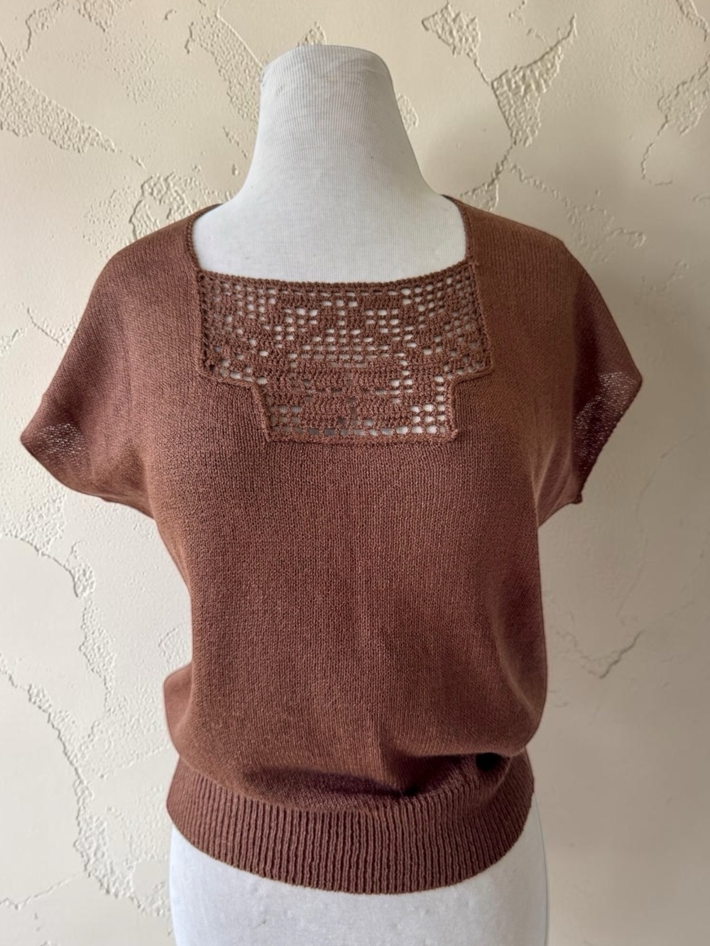 Vtg 80s Campus Casuals Brown Knit Crochet Sweater Sz L  Short Sleeve Cottage